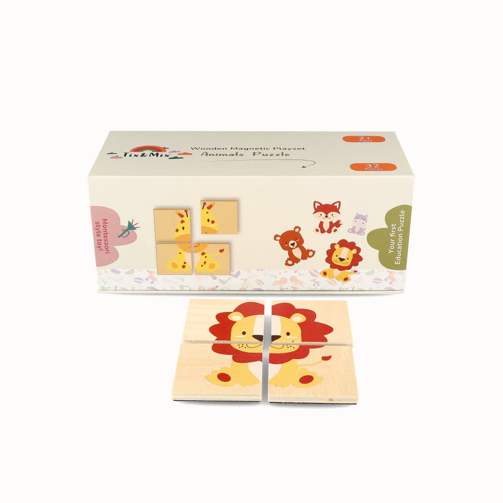 Children's wooden puzzle with animal designs on a white background