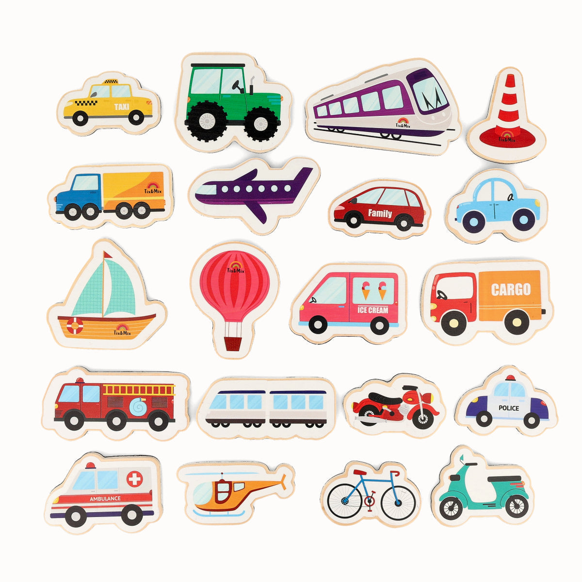 Set of colorful toy vehicle magnets on a white background