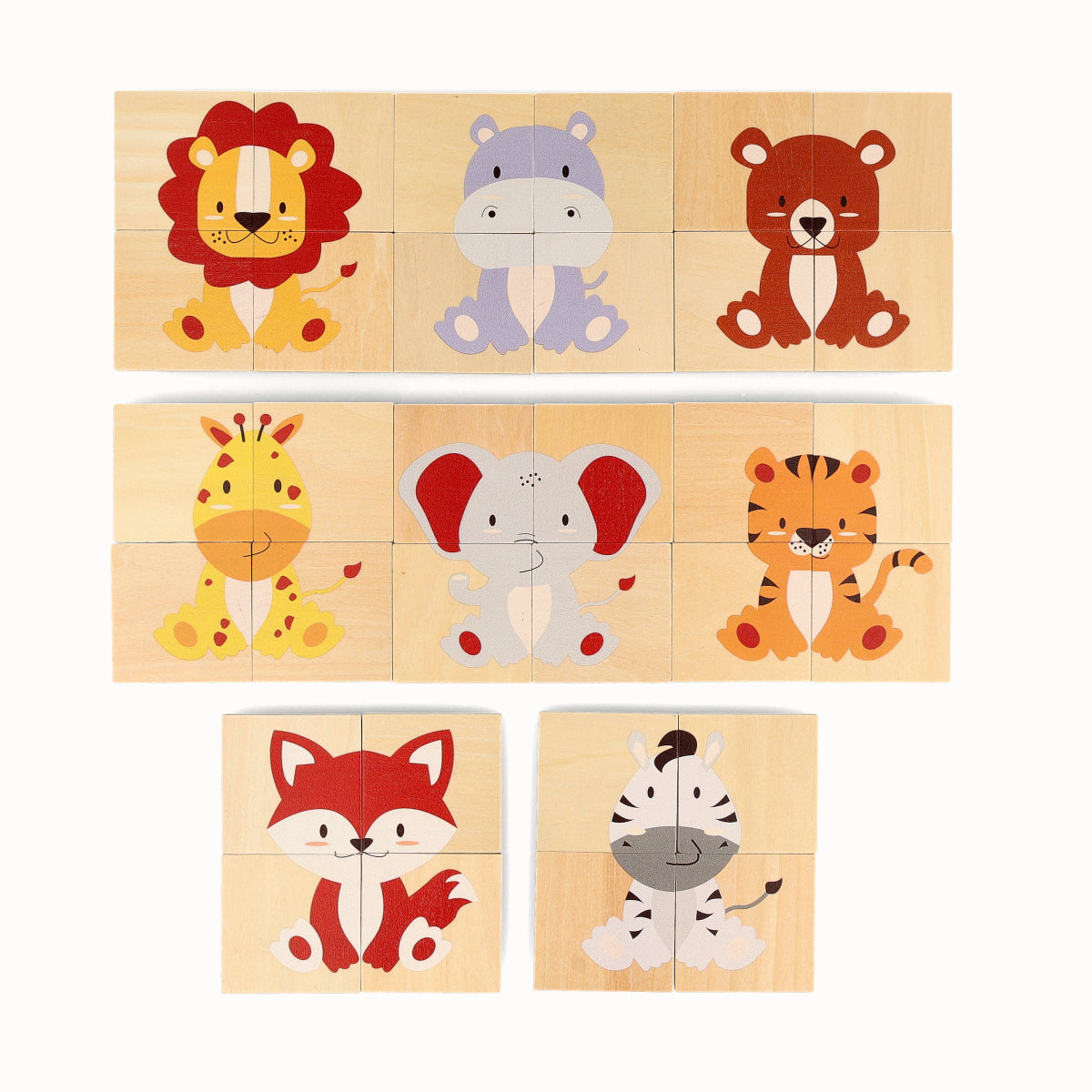 Wooden puzzle with colorful animal illustrations on a white background