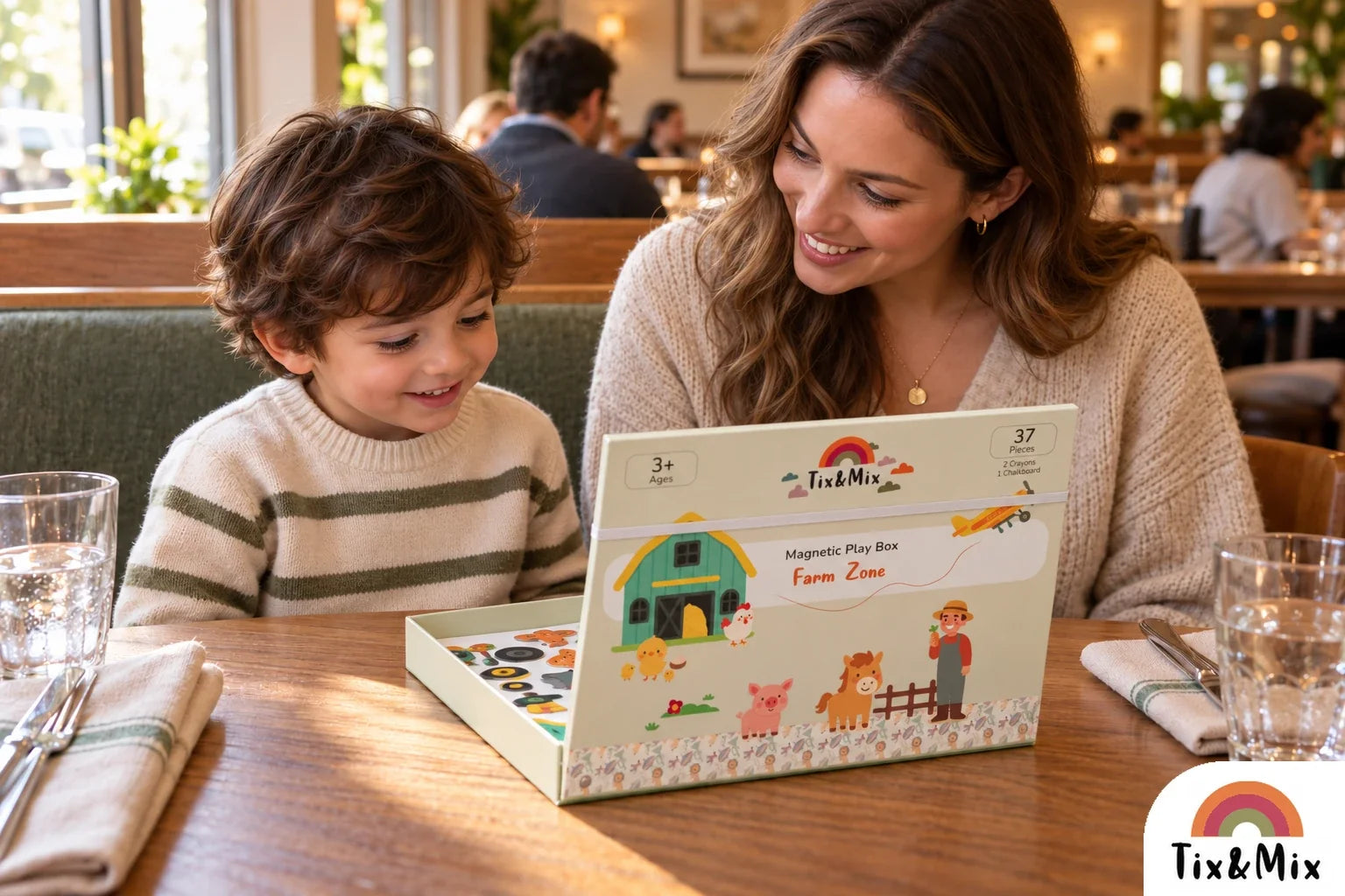 Mother and preschooler looking into an open Tix&Mix Farm Zone Play Box at a restaurant table.
