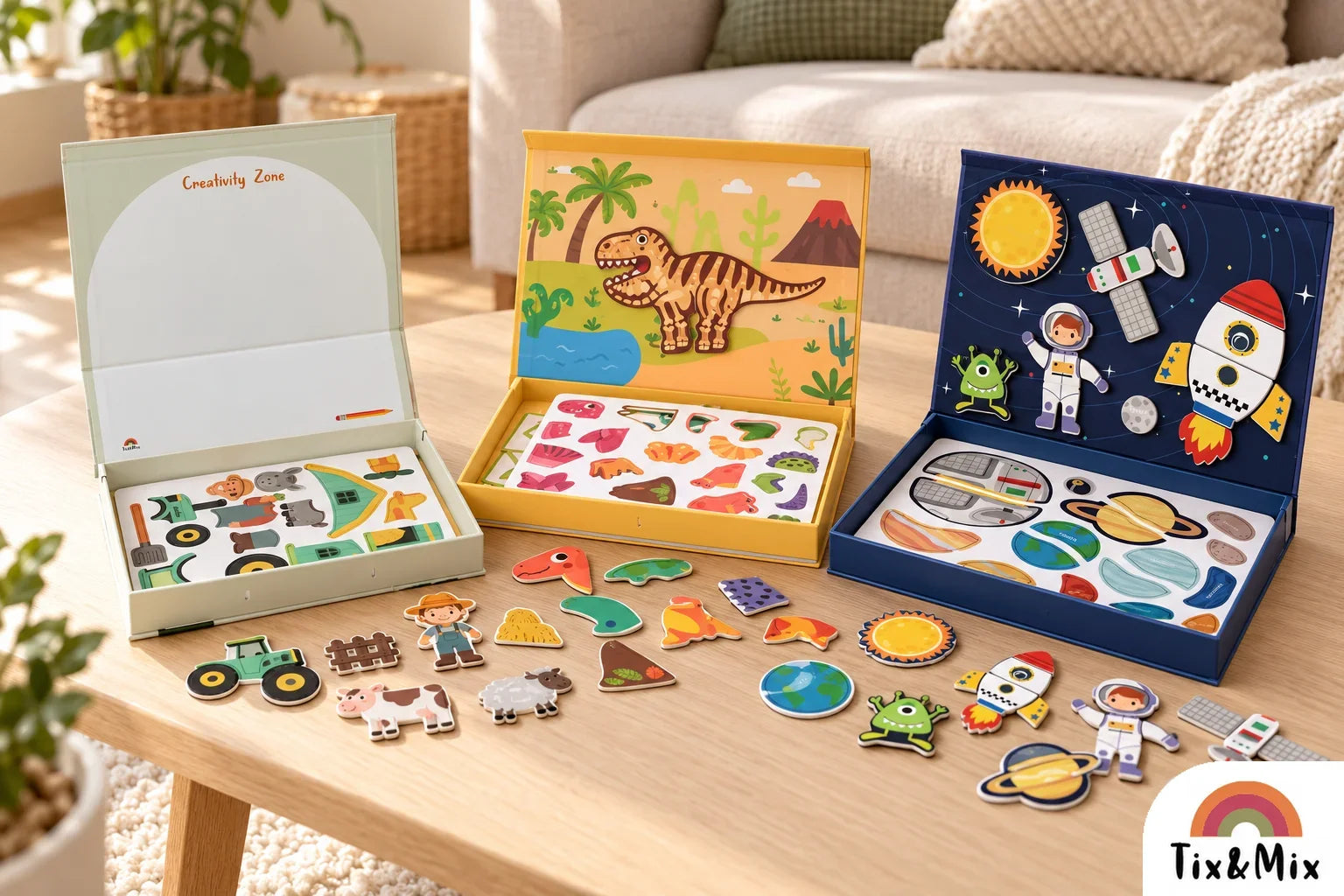 Open farm, dinosaur, and space magnetic play boxes with themed pieces arranged on a wooden table.