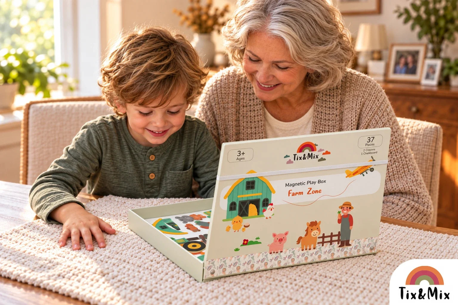 Grandmother and preschooler looking into an open Tix&Mix Farm Zone magnetic play box at a wooden table.