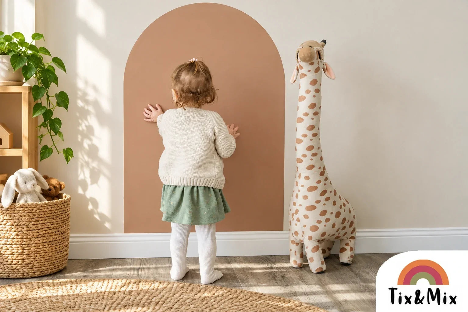 A child standing while holding the Tix&Mix brown magnetic wall decal on a clean wall.