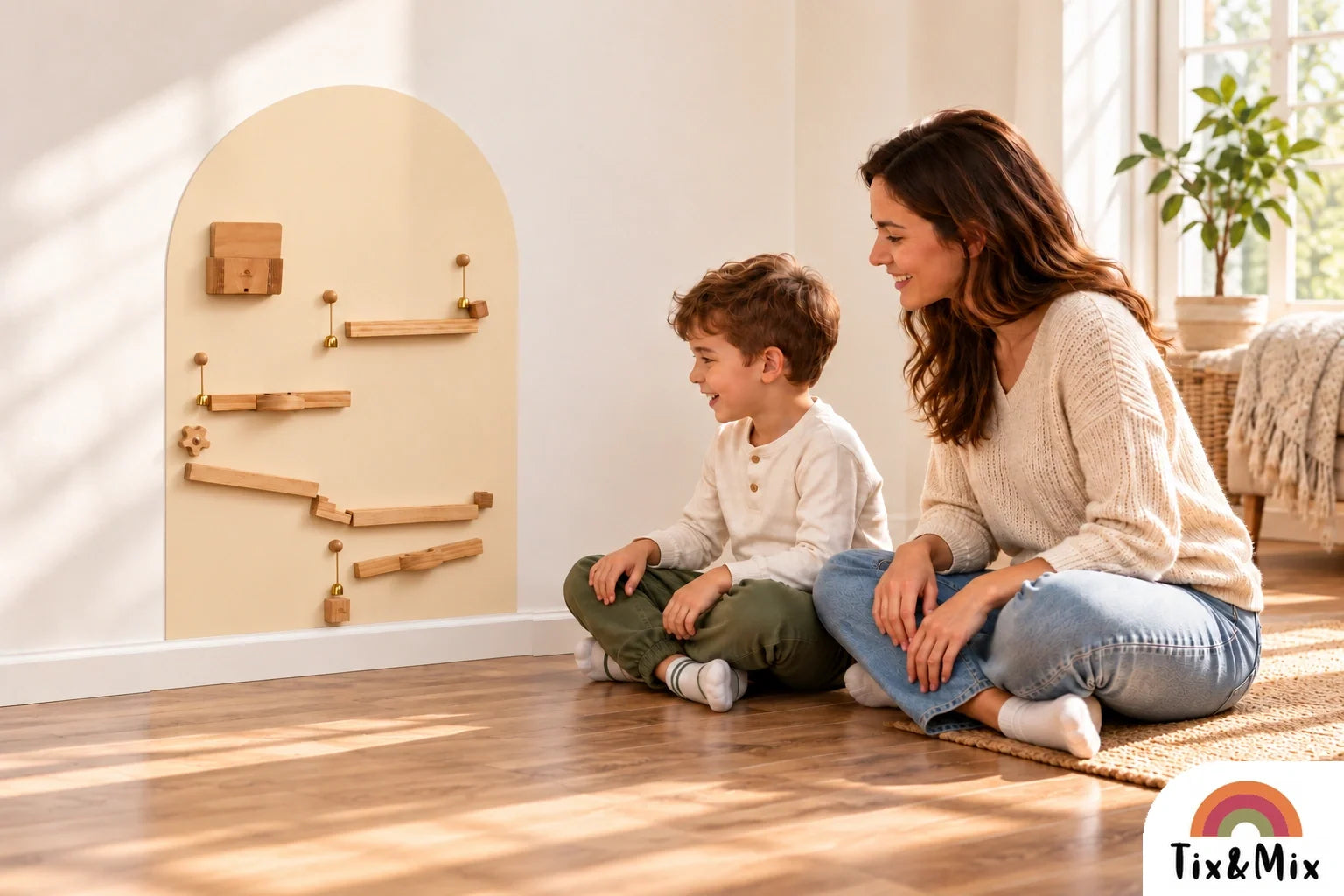 Mother and son sitting beside a Tix&Mix arched magnetic wallboard with wooden marble tracks.