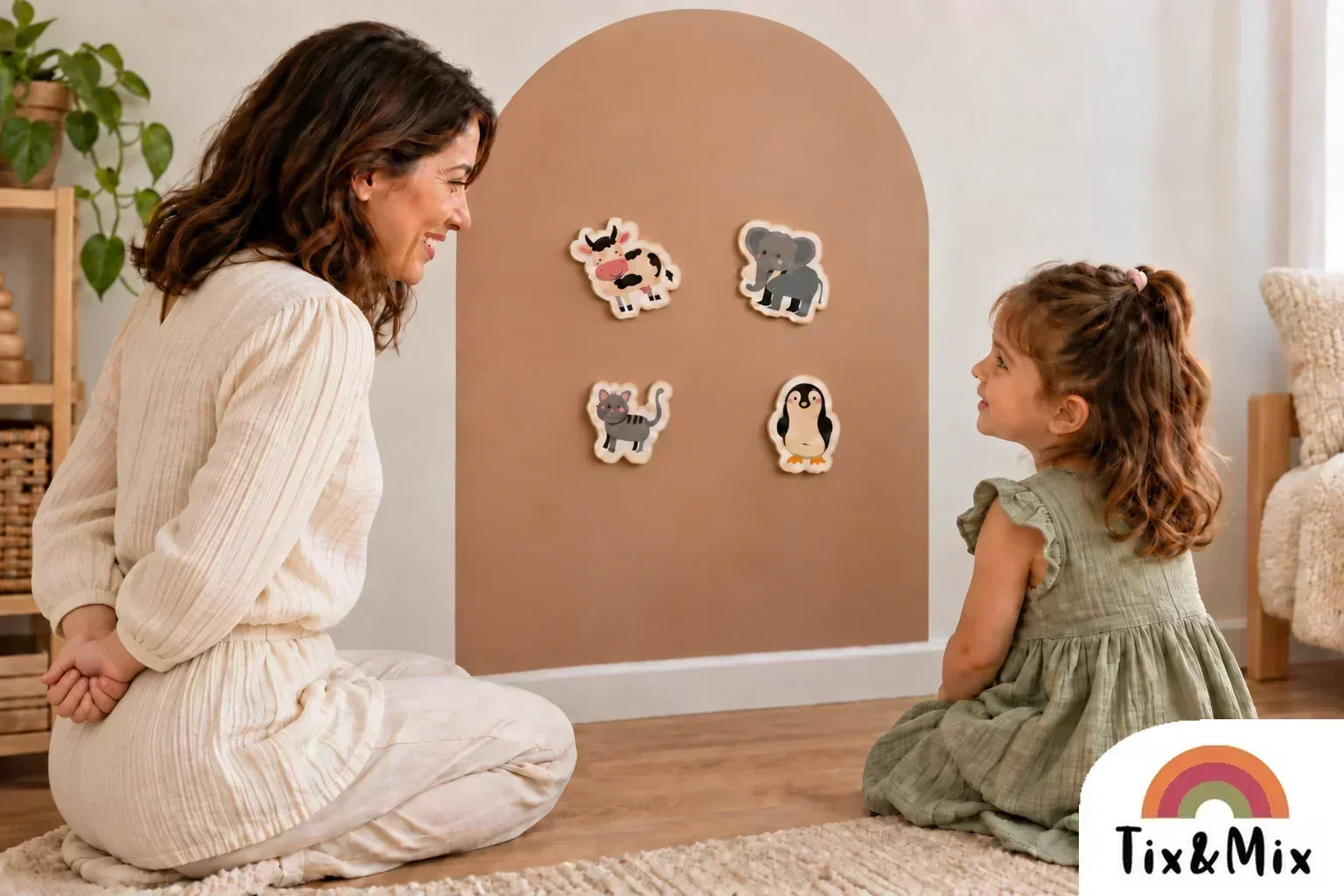 Mother hides an animal magnet behind her back while her daughter plays “What’s Missing?” on a Tix&Mix magnetic wall board.