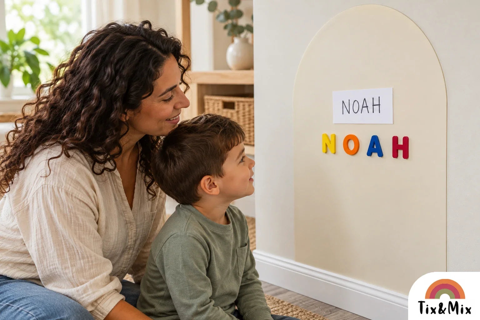 A mother and son looking at a name card and matching magnetic letters