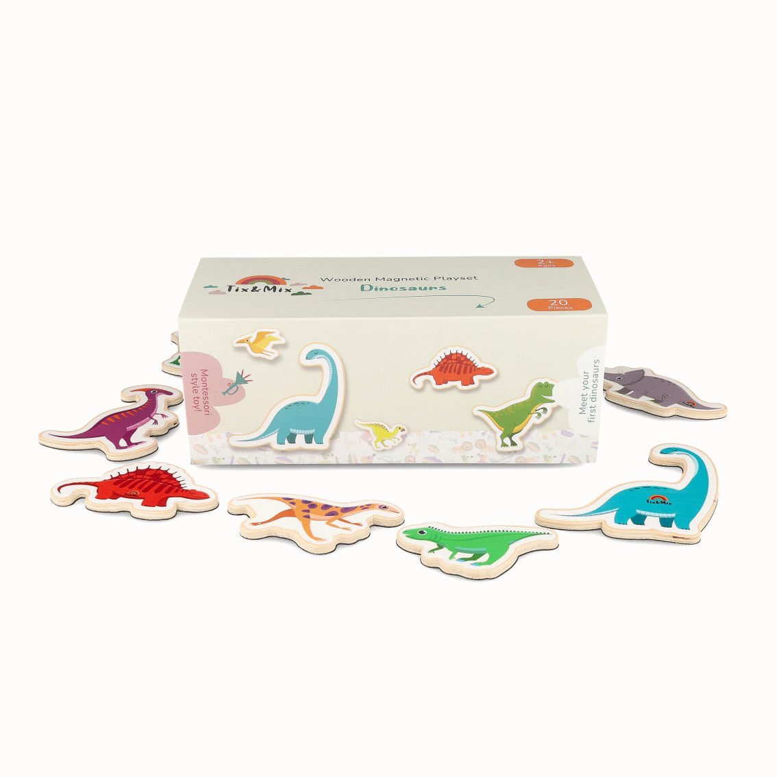 A collection of magnetic dinosaur toys for magnetic wall board.