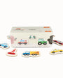 A product display of Tix&mix wooden magnetic vehicles playset on a white background.