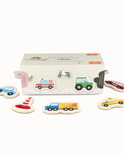 A product display of Tix&mix wooden magnetic vehicles playset on a white background.