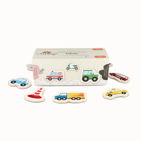 A set of wooden vehicle-shaped toys with a box on a white background.