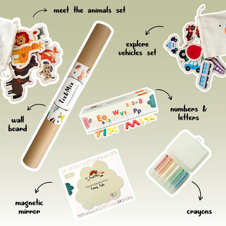 A product display of Tix&Mix Family Favorites Bundle that contains a magnetic wall decal, animals set, mirror, crayons, numbers and letters, and vehicles set.