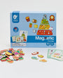 A product display of Tix&Mix food discovery set containing its packaging and magnetic toys.