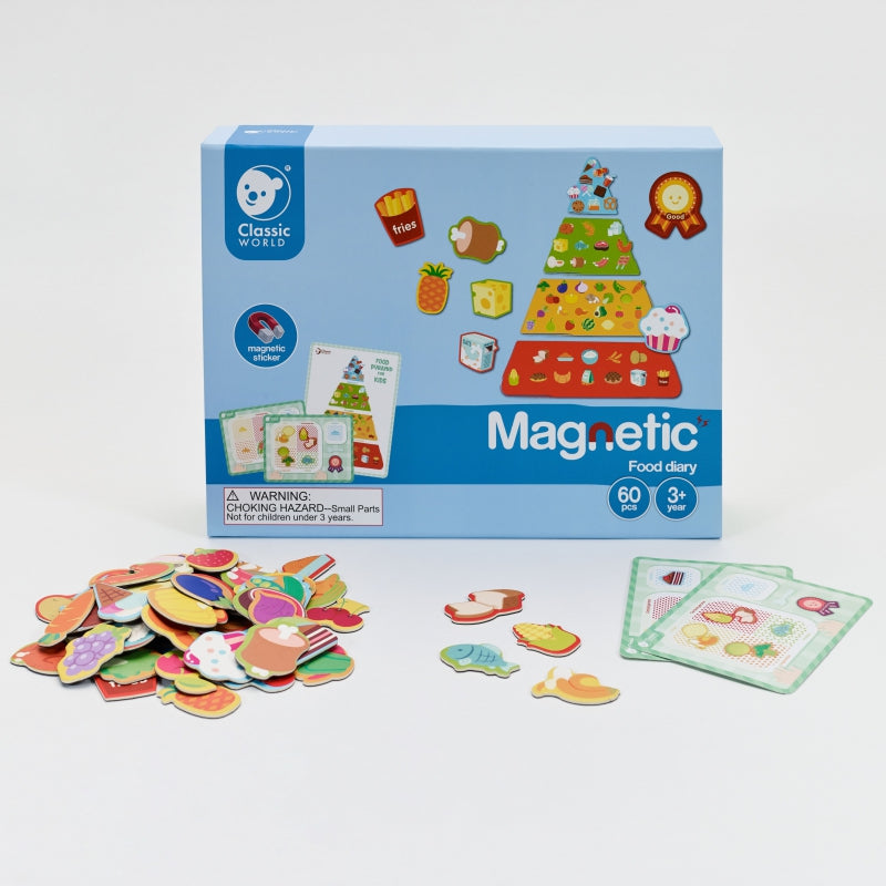 A product display of Tix&Mix food discovery set containing its packaging and magnetic toys.