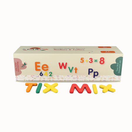 A product image of Tix&Mix magnetic number and letters packaging box on a white background.