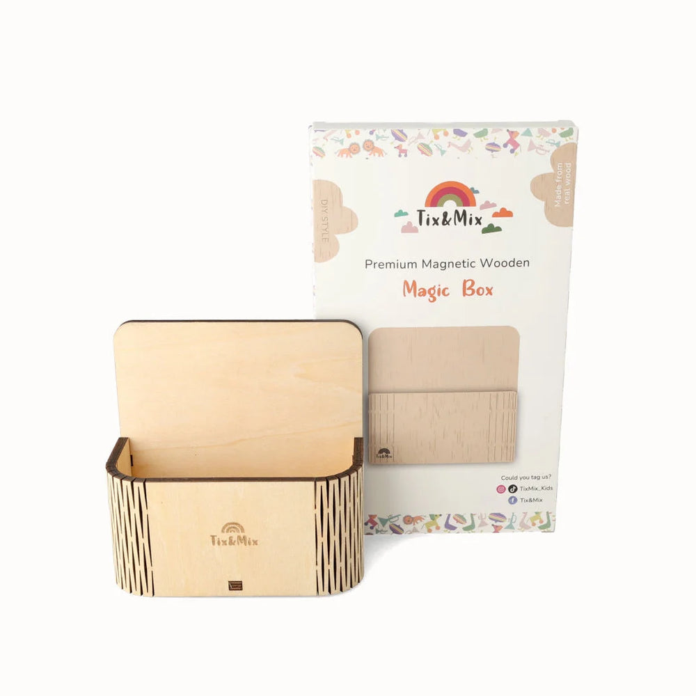 A sample product display of Tix&Mix premium magnetic wooden magic box used to store magnetic wooden toys and accessories.