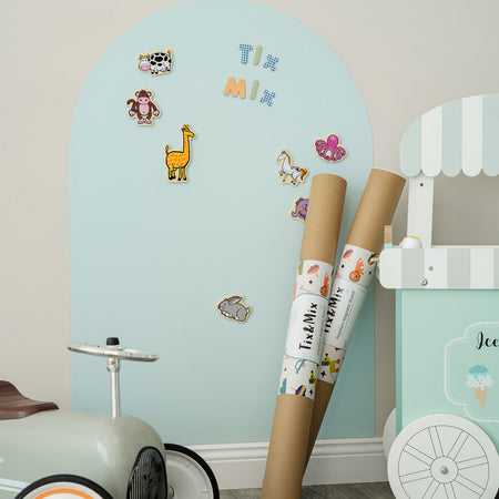 A display of Tix&Mix cyan blue magnetic wall decal with wall decal rolls on the front.