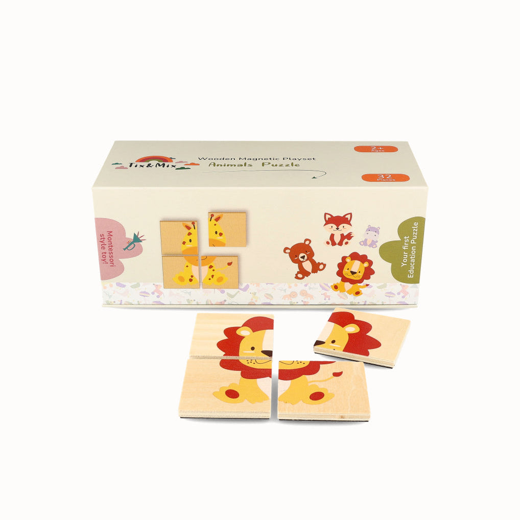 Wooden animal puzzle with packaging on a white background