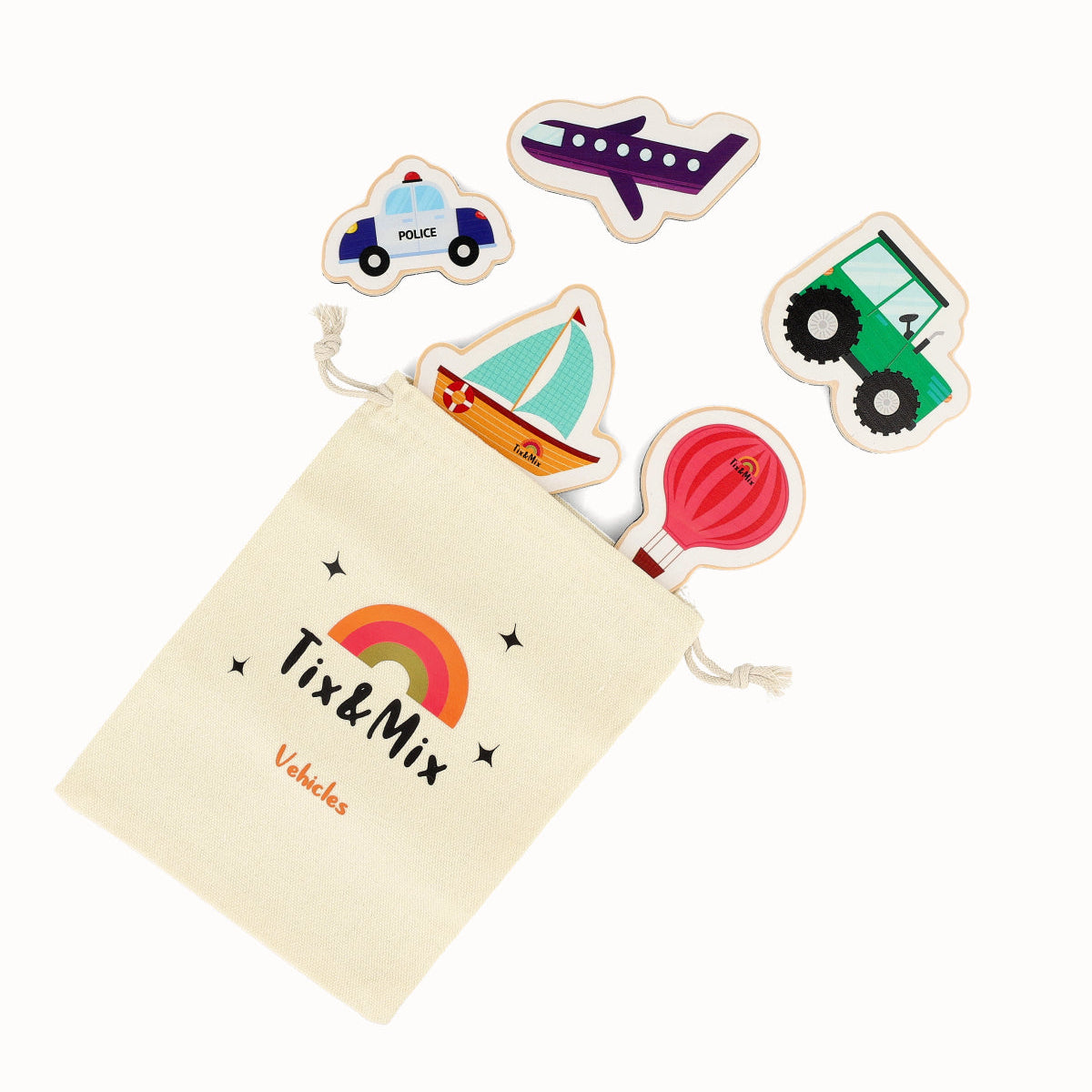 Set of colorful wooden vehicle toys with a 'Tix & Mix' pouch on a white background