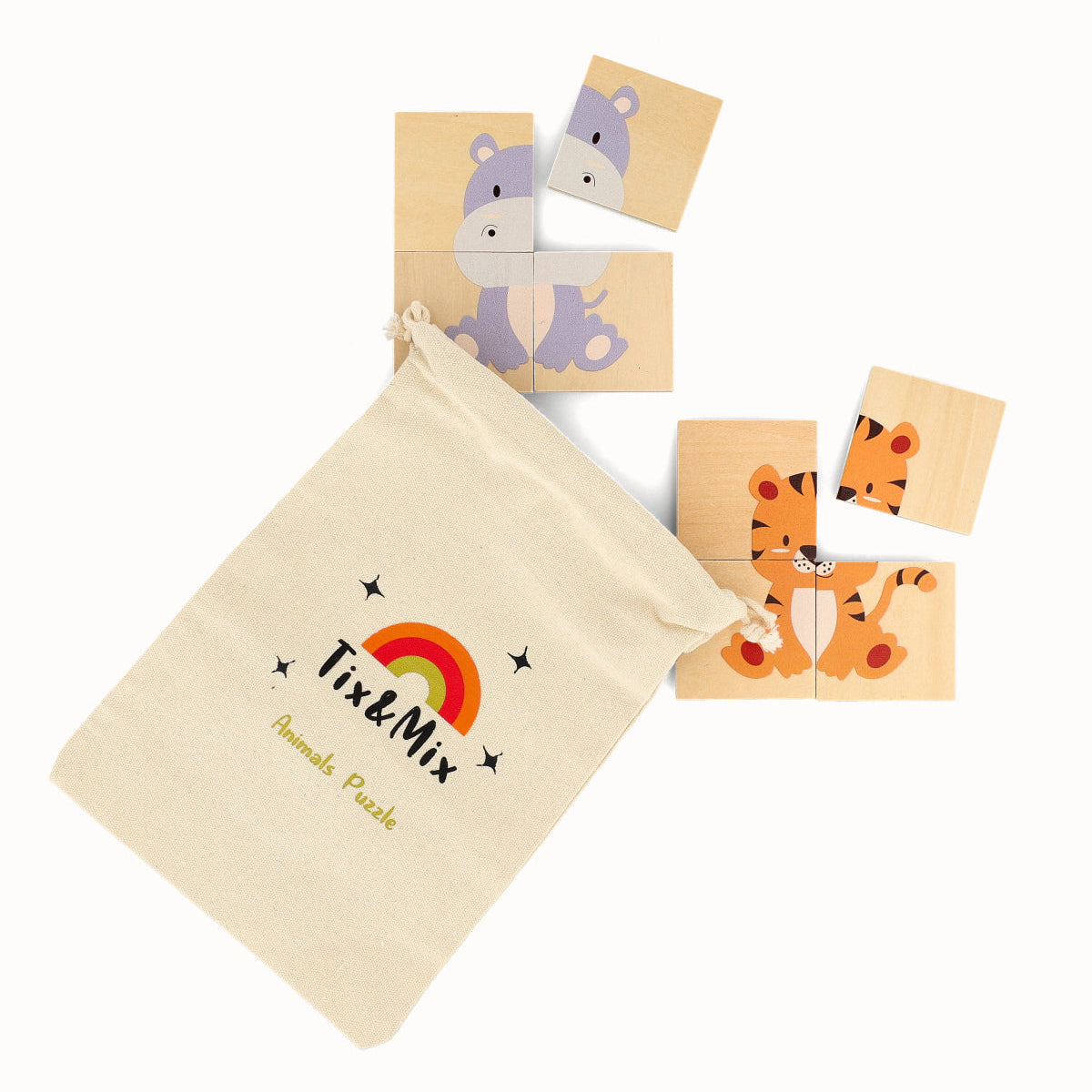 Wooden animal puzzles with a drawstring bag featuring 'Tix & Mix' branding on a white background.