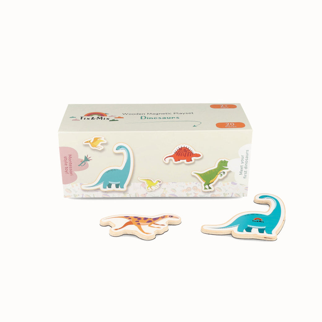 Set of dinosaur-shaped wooden magnets with a box on a white background