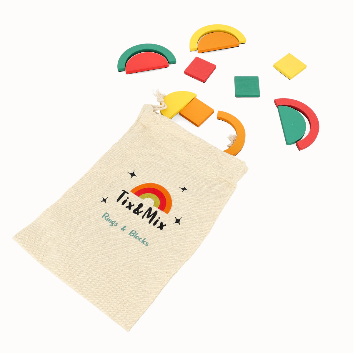 Colorful wooden rings and blocks with a Tix & Mix branded pouch on a white background