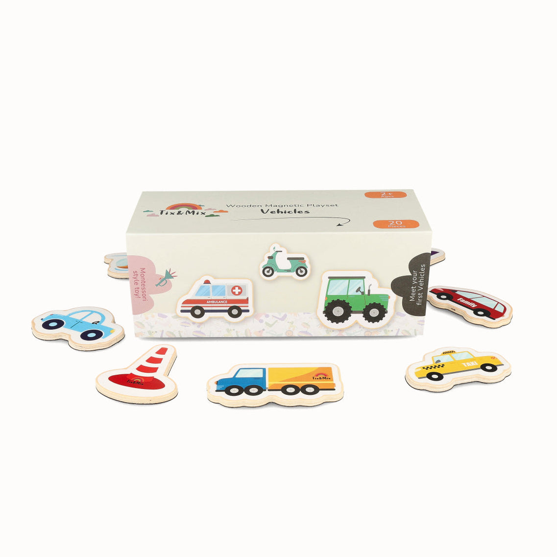 Set of wooden vehicle-shaped toys with a box on a white background