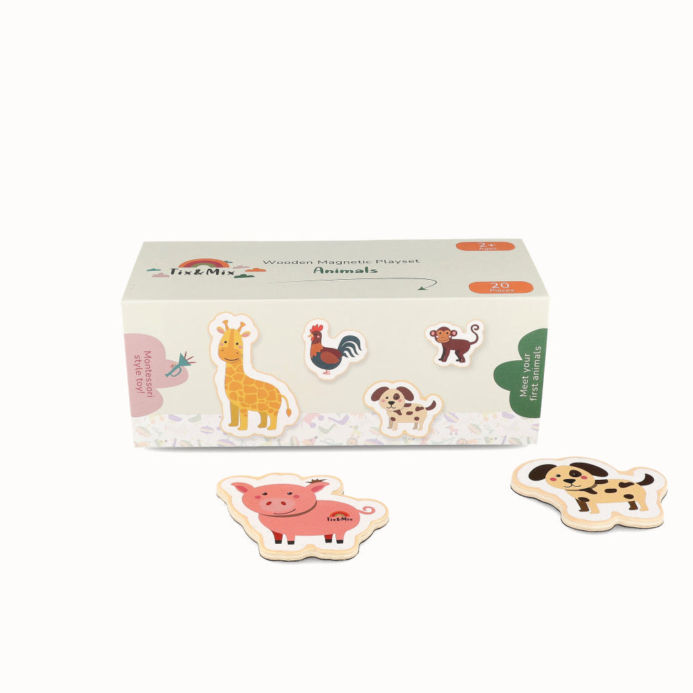 Set of animal-themed wooden puzzle pieces with a box on a white background