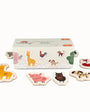 A set of animal-themed wooden puzzle pieces with a box on a white background.