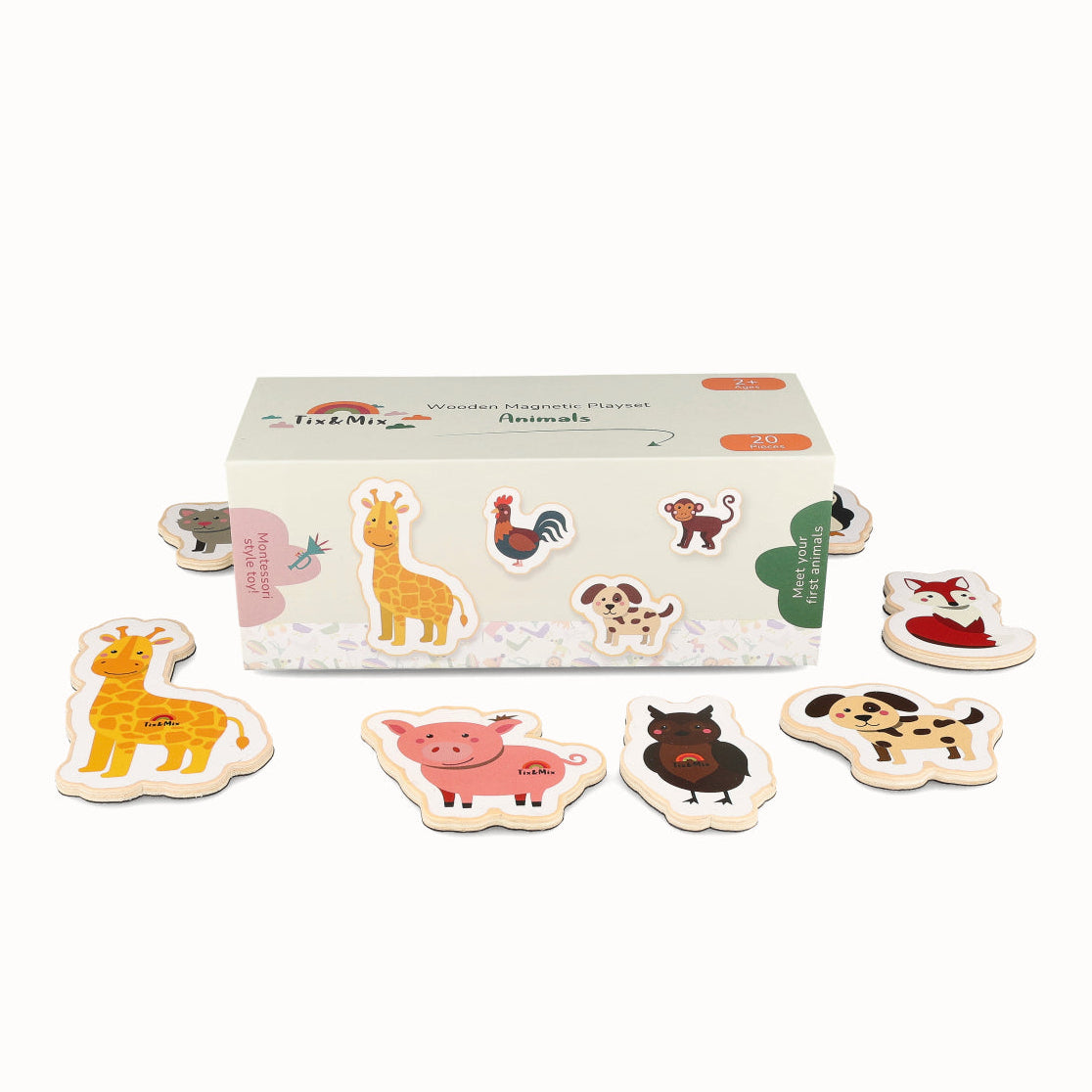 A set of animal-themed wooden puzzle pieces with a box on a white background.