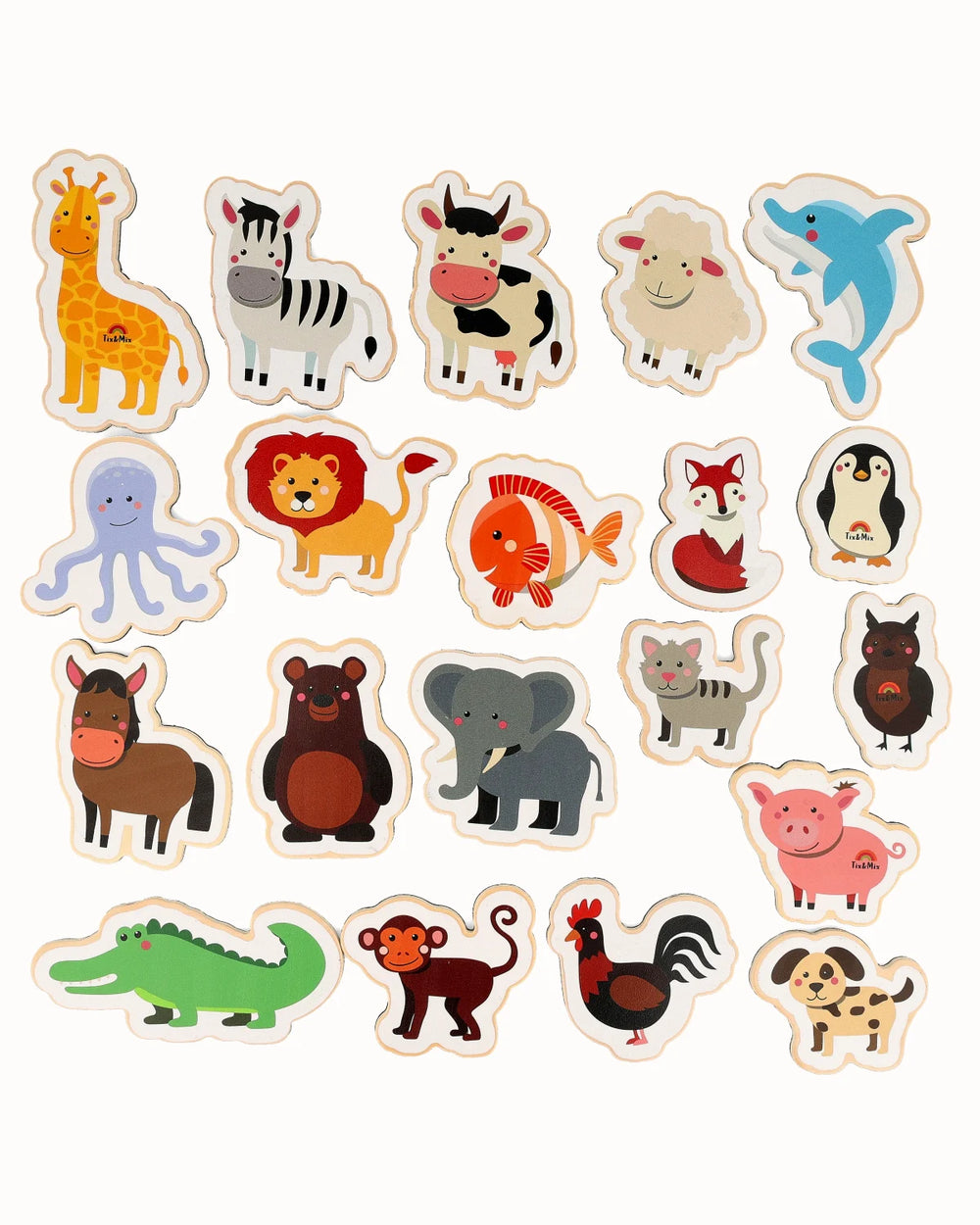 A collection of Tix&Mix wooden magnetic animals toy set for kids on a white background.