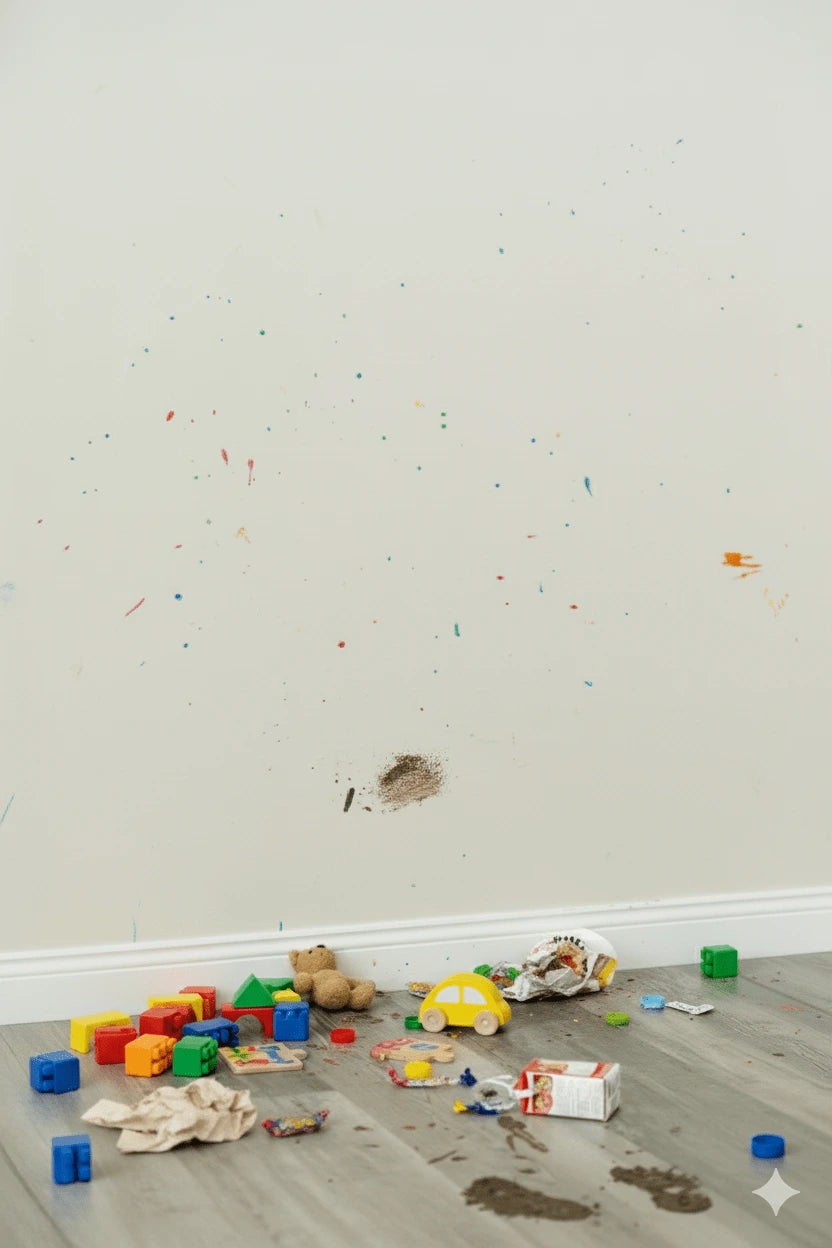 A white wall with splashes of paint in different colors and children's toys on the floor.