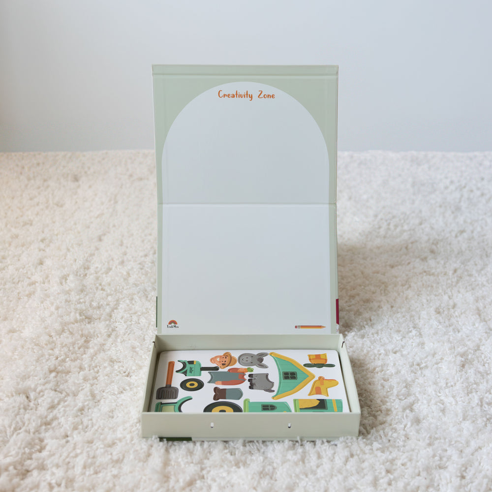 A product display of Tix&Mix magnetic play box magnetic farm zone set for kids.