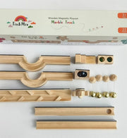 A product display of Tix&Mix marble track parts and packaging on a white background.