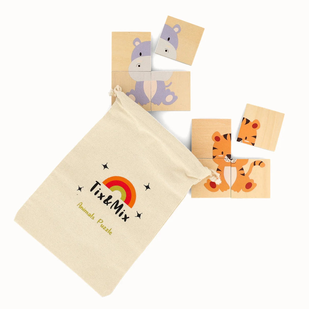 A Tix&Mix wooden magnetic animal puzzle set and a beige Animals Puzzle pouch.