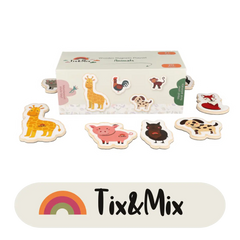 A Tix&Mix animal toy set featuring its packaging box and sample toys.