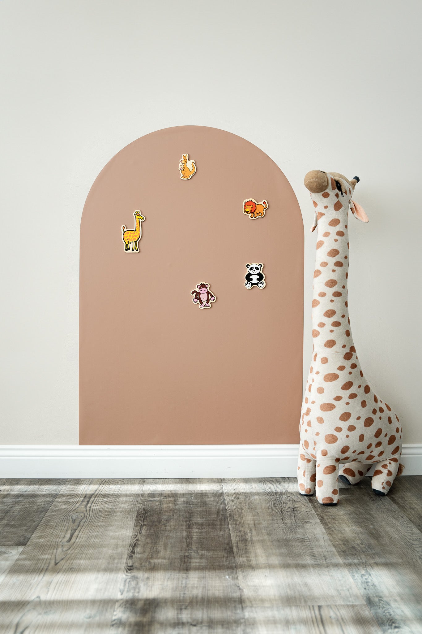 A product display of Tix&Mix brown magnetic wall decal for kids placed on a clean white wall.