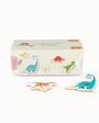 Set of dinosaur-shaped wooden magnets with a box on a white background