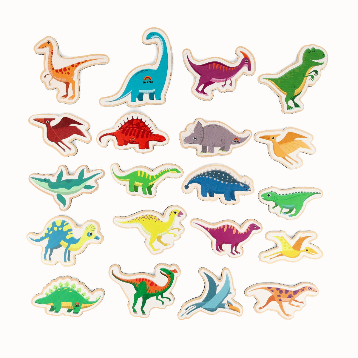 A set of colorful Tix&Mix dinosaur-shaped magnets on a white background.