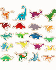 A display of the components of Tix&Mix wooden magnetic Dinosaur playset for kids.