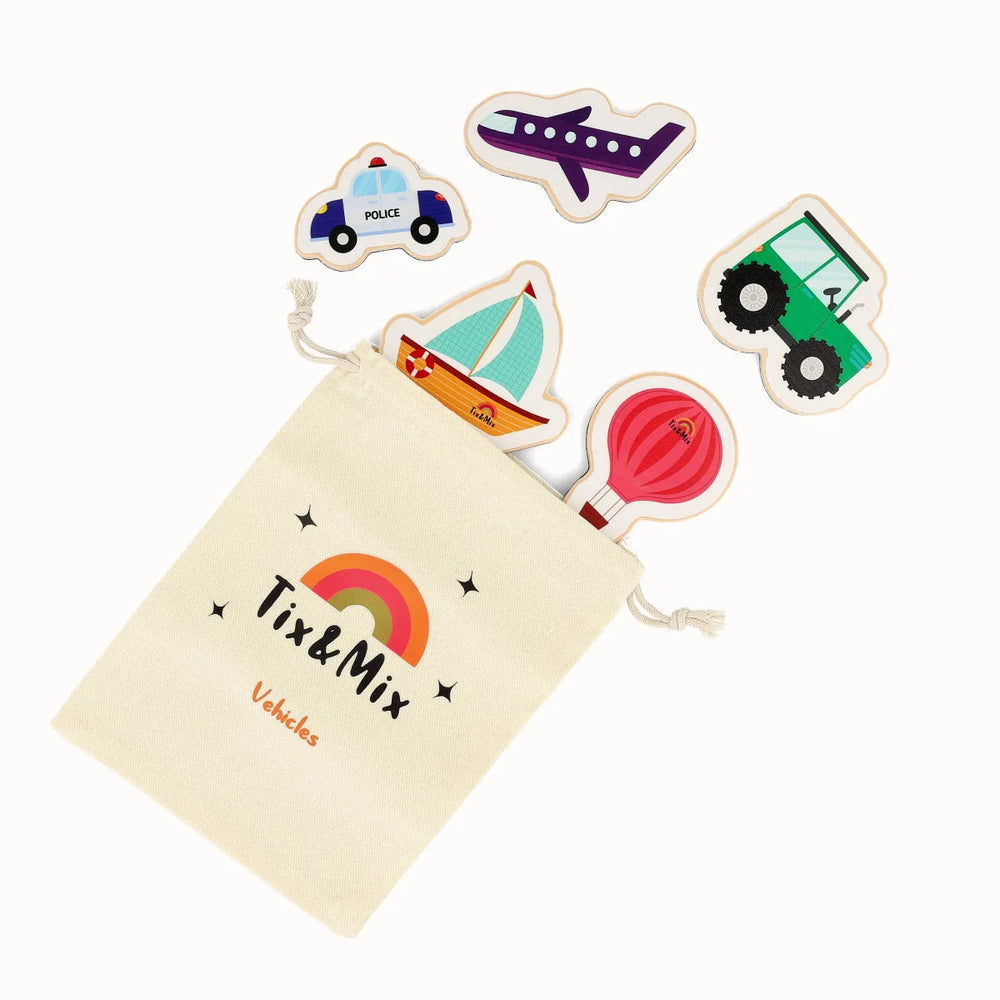 A colorful Tix&Mix wooden magnetic vehicles playset and a beige vehicles pouch.