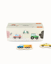 A product display of Tix&Mix wooden magnetic vehicles playset packaging box on a white background.