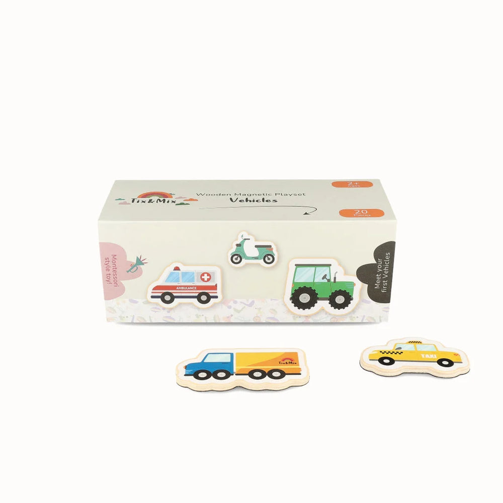 A product display of Tix&Mix wooden magnetic vehicles playset packaging box on a white background.