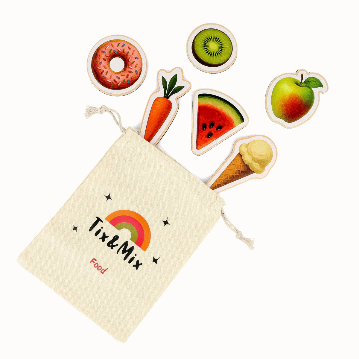 A Tix&Mix fruit set consisting of ice cream, watermelon, apple, carrot, kiw, and donut.