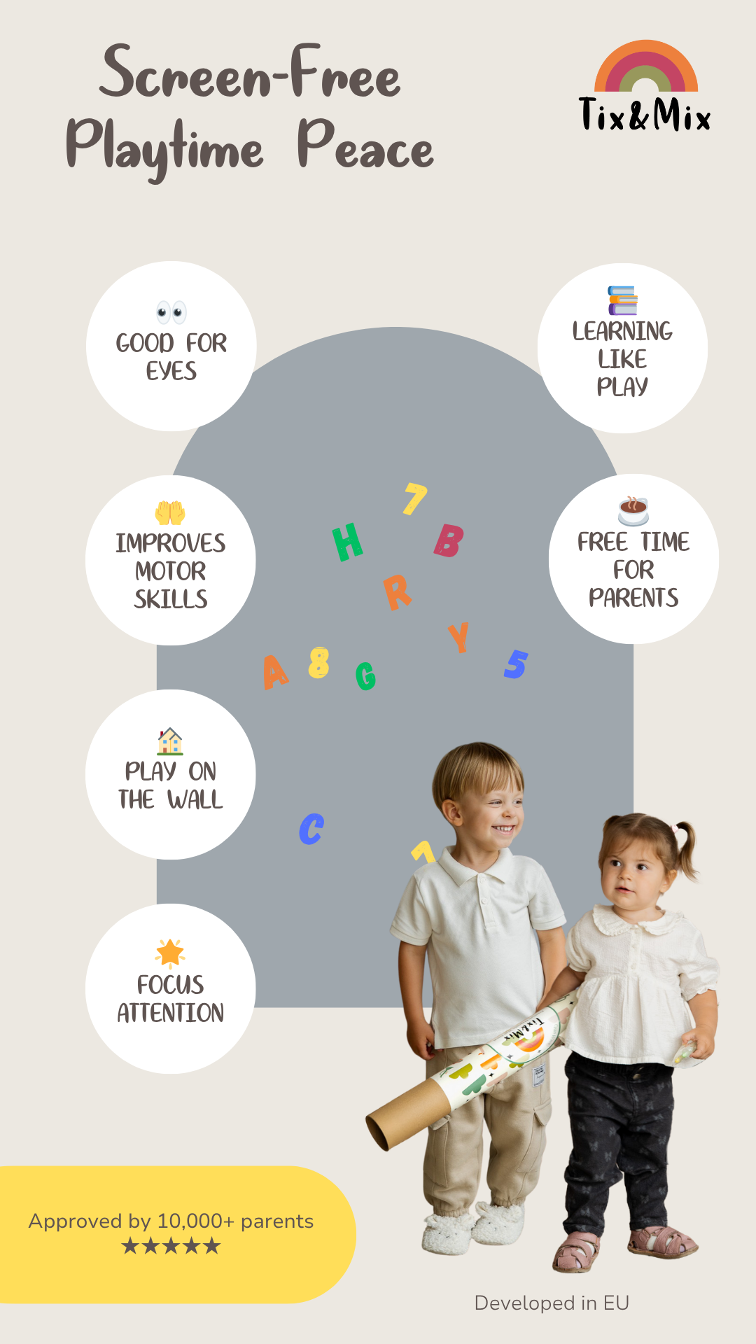 An infographic highlighting the benefits of Tix&Mix magnetic grey wall decal.