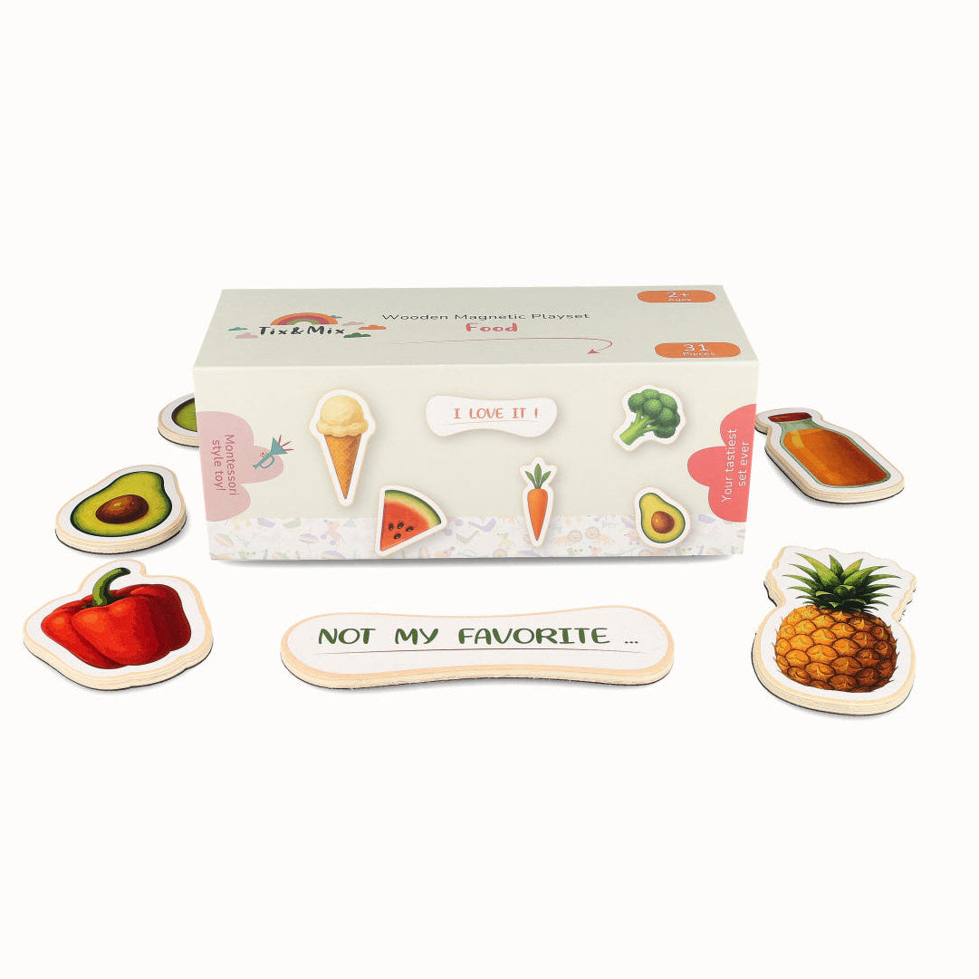 A box of Tix&Mix Little Chef Food Game Set perfect for magnetic wall decals.