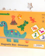 A product photo of Tix&Mix magnetic dinosaur toys on a box.