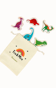 A colorful dinosaur toy set and Tix7Mix dinosaurs beige pouch on a white background.