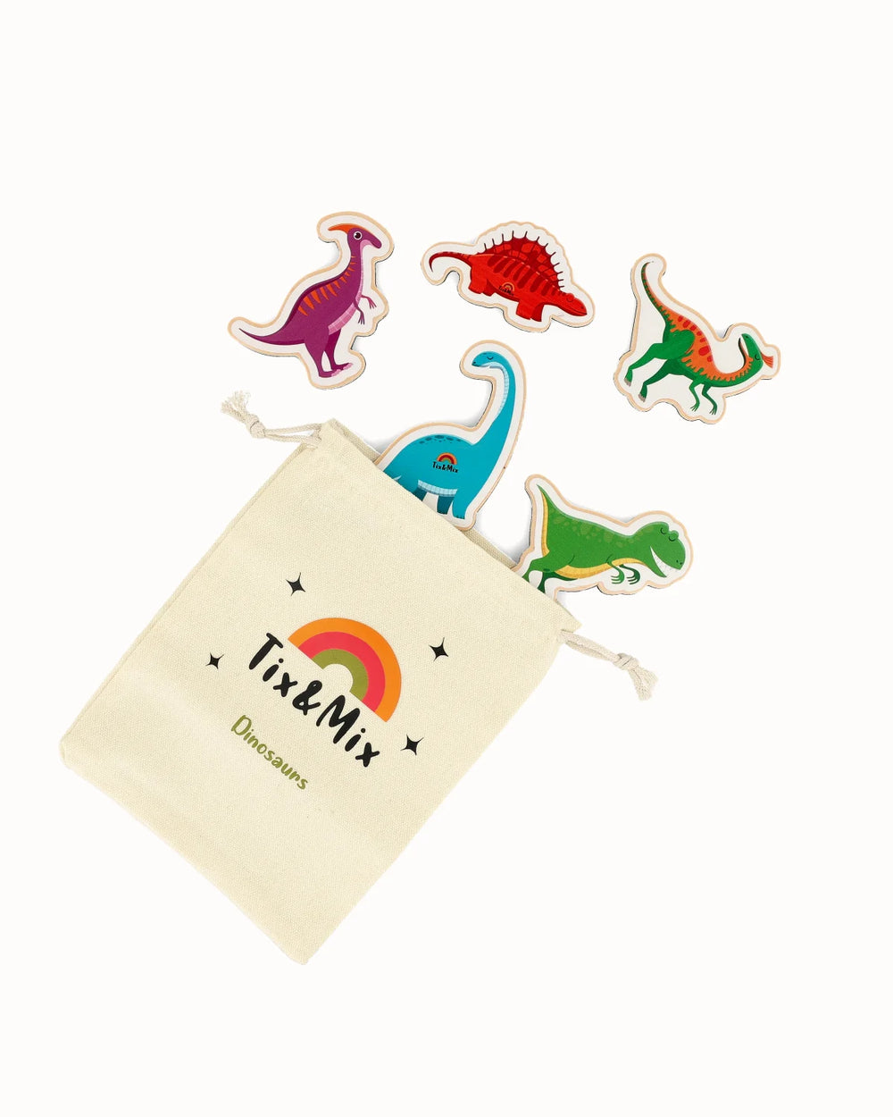 A colorful dinosaur toy set and Tix7Mix dinosaurs beige pouch on a white background.
