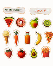 A display of the components of the Tix&Mix wooden magnetic food playset.