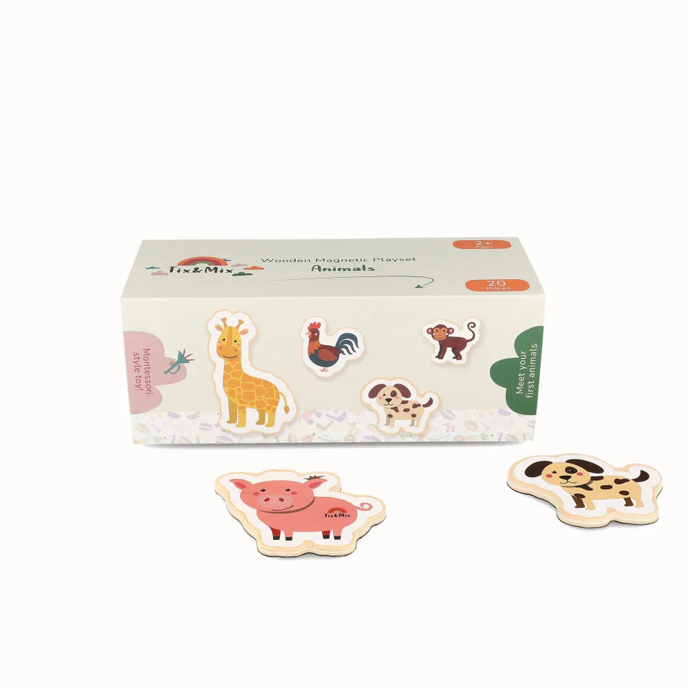Tix&Mix wooden magnetic animals playset on a white background.